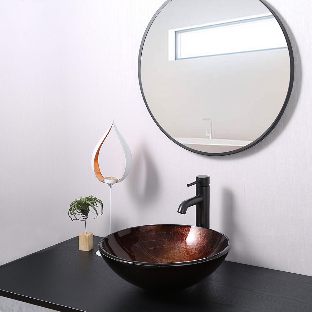 Aquaterior Round Tempered Glass Vessel Sink – Countertop Bathroom Basin, Modern