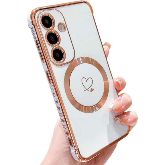ZUKKASHAN Magnetic Case for Samsung Galaxy S24 / S24 Plus 5G Compatible with MagSafe, Soft Silicone Protective Phone Case with Cute Love Heart Pattern Plating Trim Shockproof Cover