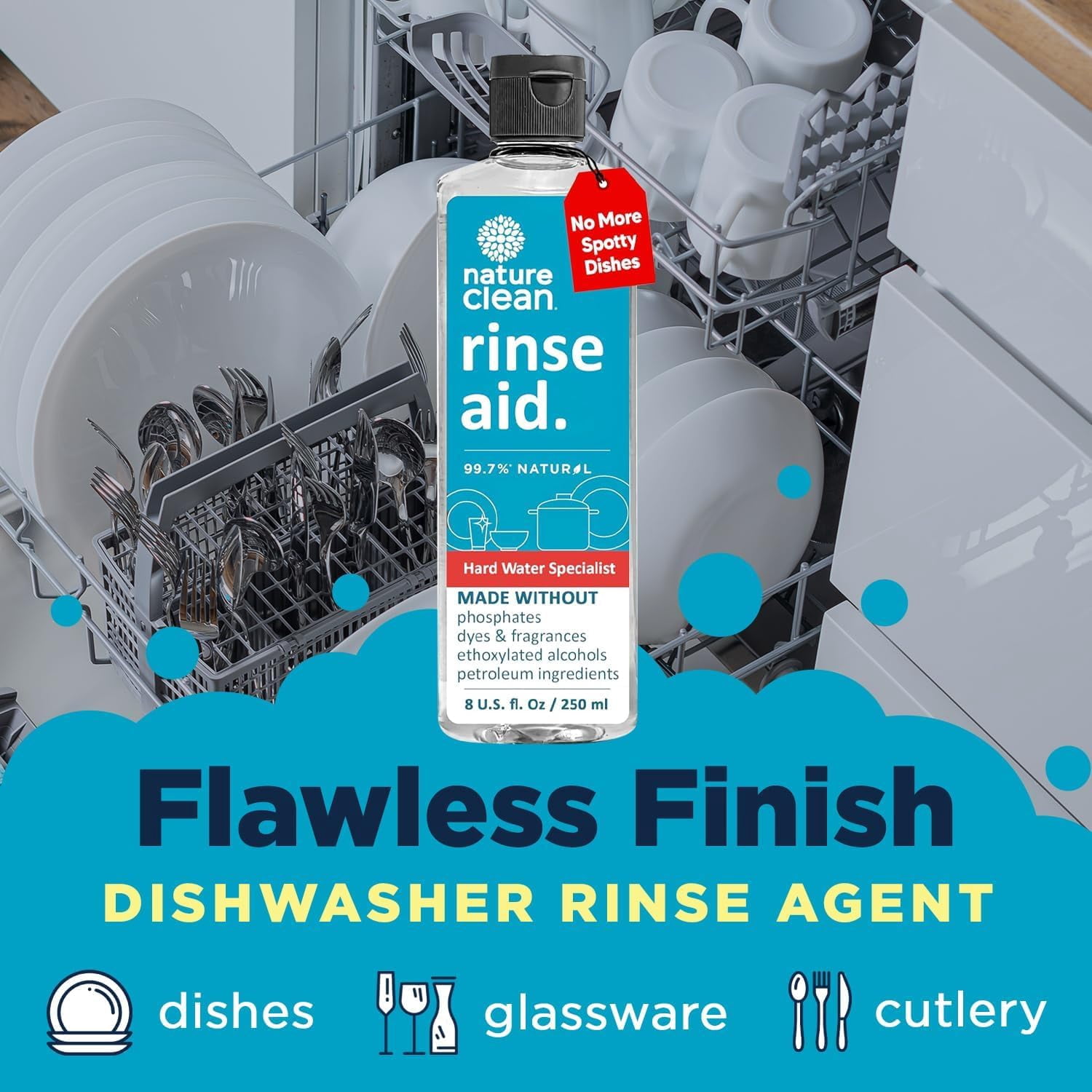 Nature Clean Dishwasher Rinse Aid Liquid, Non Toxic Natural Formula, Spot Free Shine for Glasses & Dishes, Hard Water Stain Remover, Dishwasher Drying Agent, 8 oz/250 ml Pack of 4