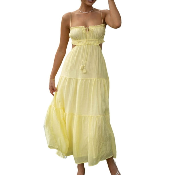Lucakuins, vestido largo informal de verano para mujer, vestido sin mangas con lazo de Color sólido y espalda descubierta, vestido de fiesta a la moda con tirantes Lucakuins moda