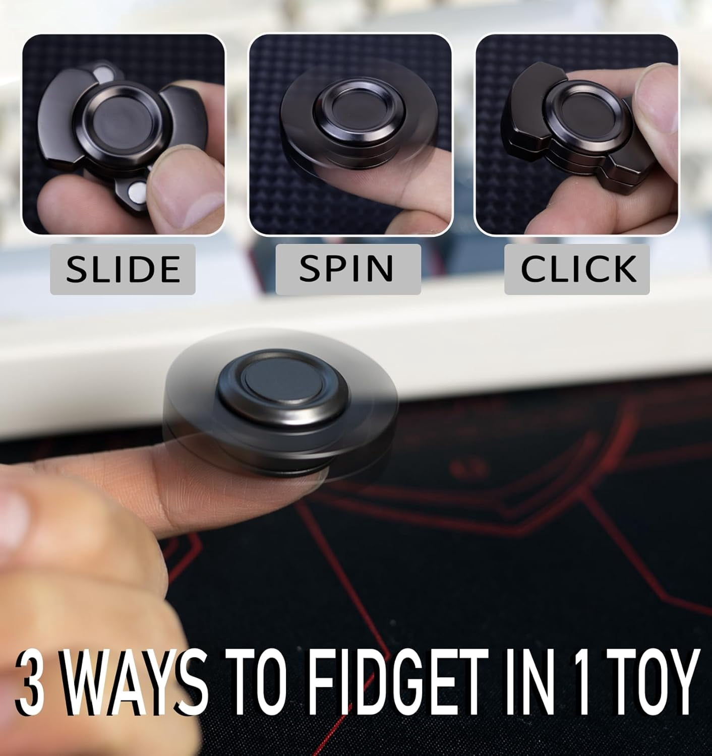 3-in-1 Fidget Toys Adults Spinner, Slider & Clicker – Magnetic Stainless Steel Bearing for Super-Stable Rotation – Stress Relief, Enhanced Focus, and Habit Breaking, Kids Valentines Day Gifts 2 Pack
