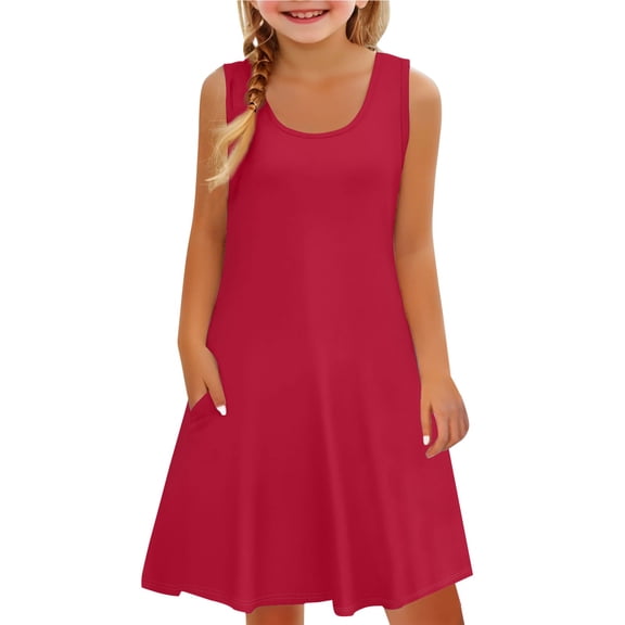 EnJoCho Girls Summer Dress Sleeveless Flowy Casual Midi Dress Crew Neck Loose Fit Solid Color Sundress with Pockets