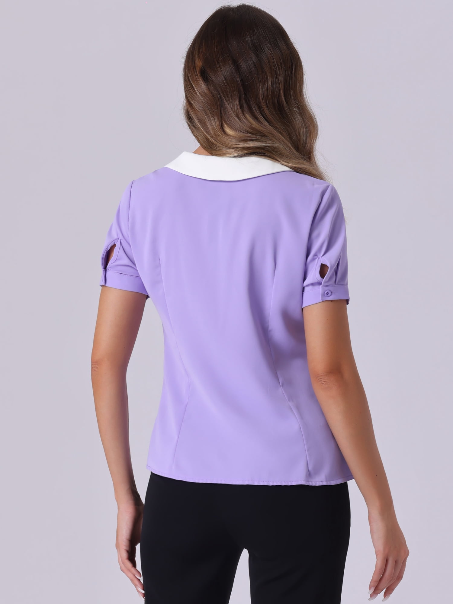 DARING DIVA Women's Contrast Collar Button Down Chiffon Blouse L Light Purple