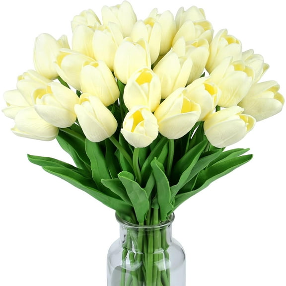 Fake Tulips Artificial Flowers Real Touch Beige " Silk Flower for Home Kitchen Decor Mother's Day Spring Easter Wedding Bouquet Decorations Office Floral Arrangements