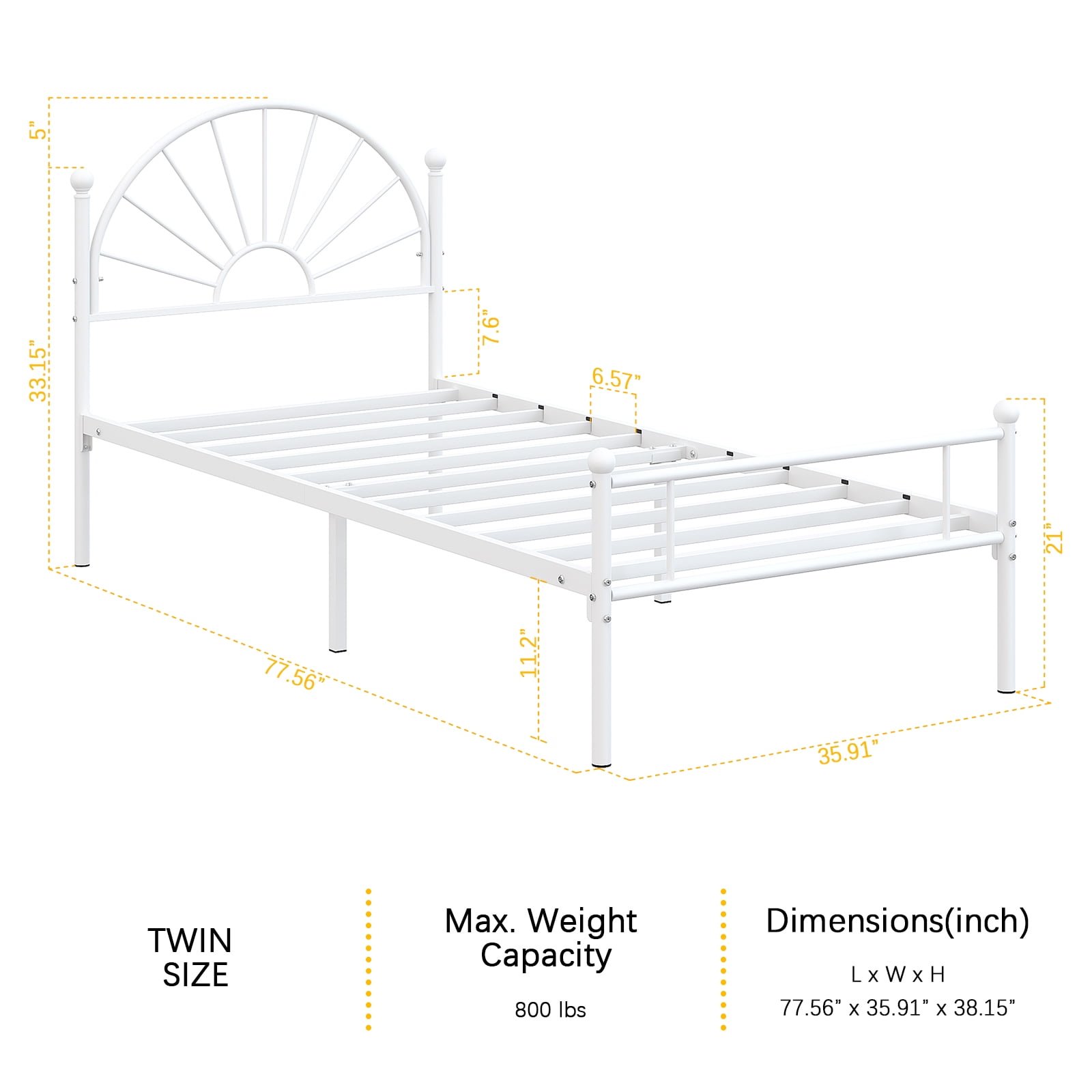 Yoneston Twin Metal Bed Frame with Unique Sun Curve Shape Headboard for Teens Kids Toddlers Bedroom Furniture, White