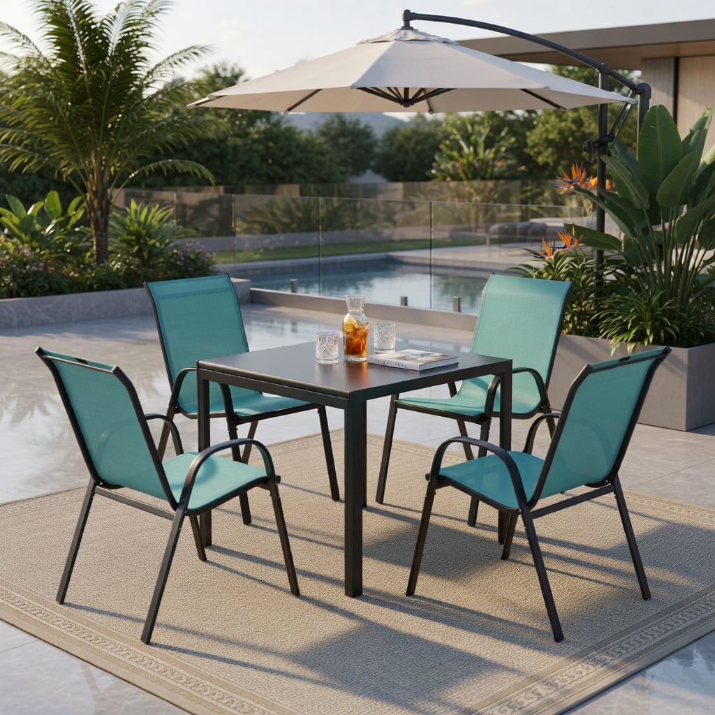 Hommoo 4-Pack Outdoor Patio Chairs with Grey Steel Frame, Stackable, Weather-Resistant Mesh Seating for Deck, Poolside & Backyard, Navy