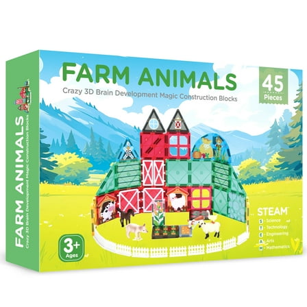 Magnetic Tiles Farm Animals Kids Toys Magnet Building Blocks Garden Set STEM Preschool Toddler Toys for Boys Girls with 2 Stickers