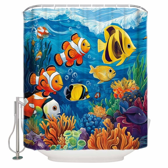 Ocean Tropical Shower Curtain, 60" x 72", Marine Life Colorful Fish Coral Seagrass Waterproof Bathroom Curtain Washable Shower Curtain Set with 12 Hooks