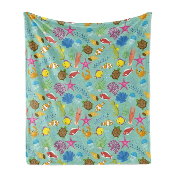Turtle Soft Flannel Fleece Blanket, Colorful Layout of Sea Elements Creatures Water Plants Underwater Scene, Cozy Plush for Indoor and Outdoor Use, 60" x 80", Seafoam and Multicolor, by Ambesonne