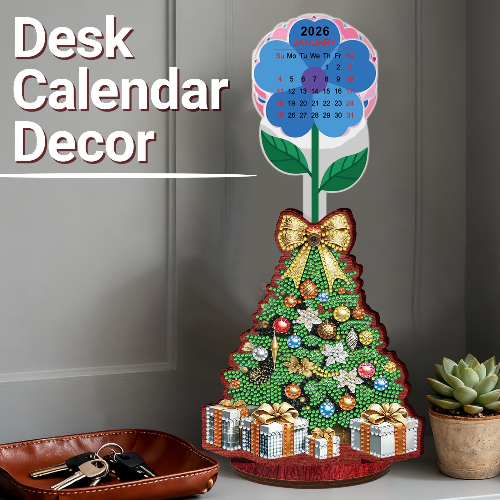 FLOPESN 2026-2027 Wooden Desktop Calendar DIY Diamond Art Painting Kits,Creative Design PVC Insert Home Decor Ornament-2PCS-Christmas