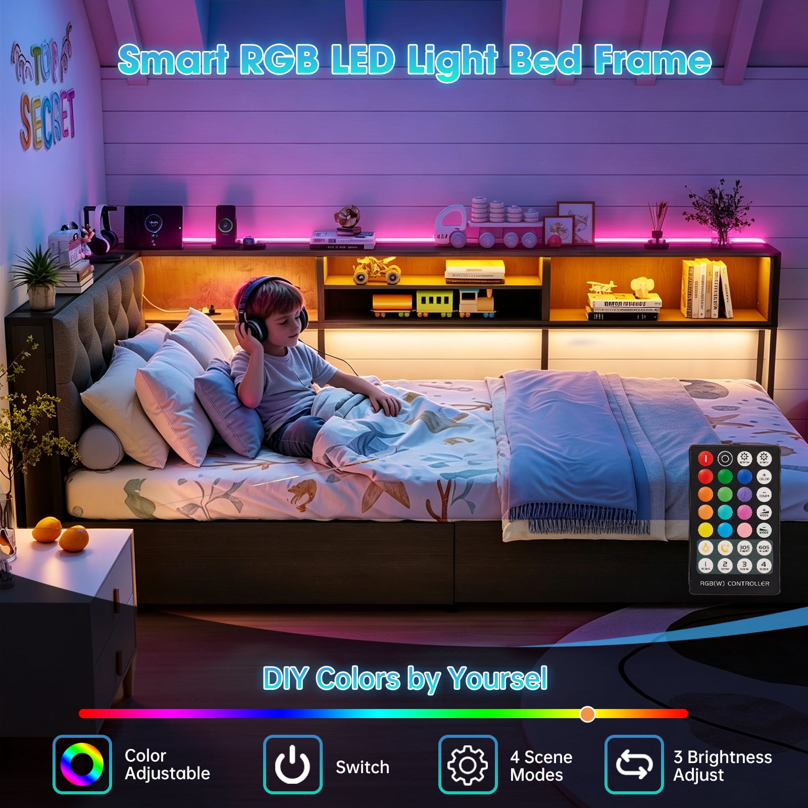 Leumius Twin Size Corner Daybed Frame, Upholstered Headboard with Bookcase Storage, 2 Drawers LED Lights & Charging Station, Noise‑Free Metal Bed Frame Gray