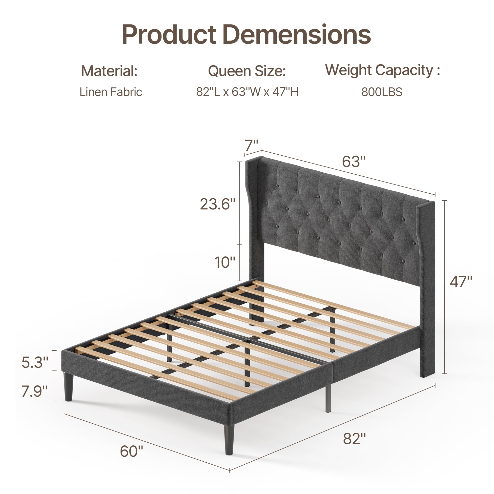 Lofka Queen Bed Frame, Metal Bed Frame Queen Size with Headboard, Under Bed Storage, Dark Gray