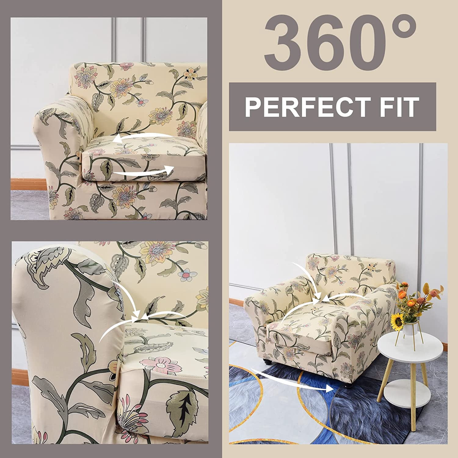 CHUNTIAN Couch Cover Chair Covers Printed Sofa Covers 2-Piece Stretch Armchair Sofa Couch Slipcover Sectional Couch Covers for Sofa Furniture Protector with Non Slip Elastic Bottom for Living Room