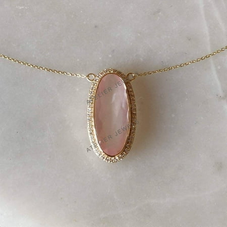 14K Solid Gold Rose Quartz Pendant Necklace with White Topaz