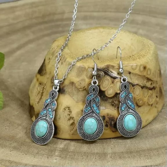 K-KED 3Pcs Set Vintage Boho Women Faux Turquoise Silver Drop Earrings Pendant Necklace