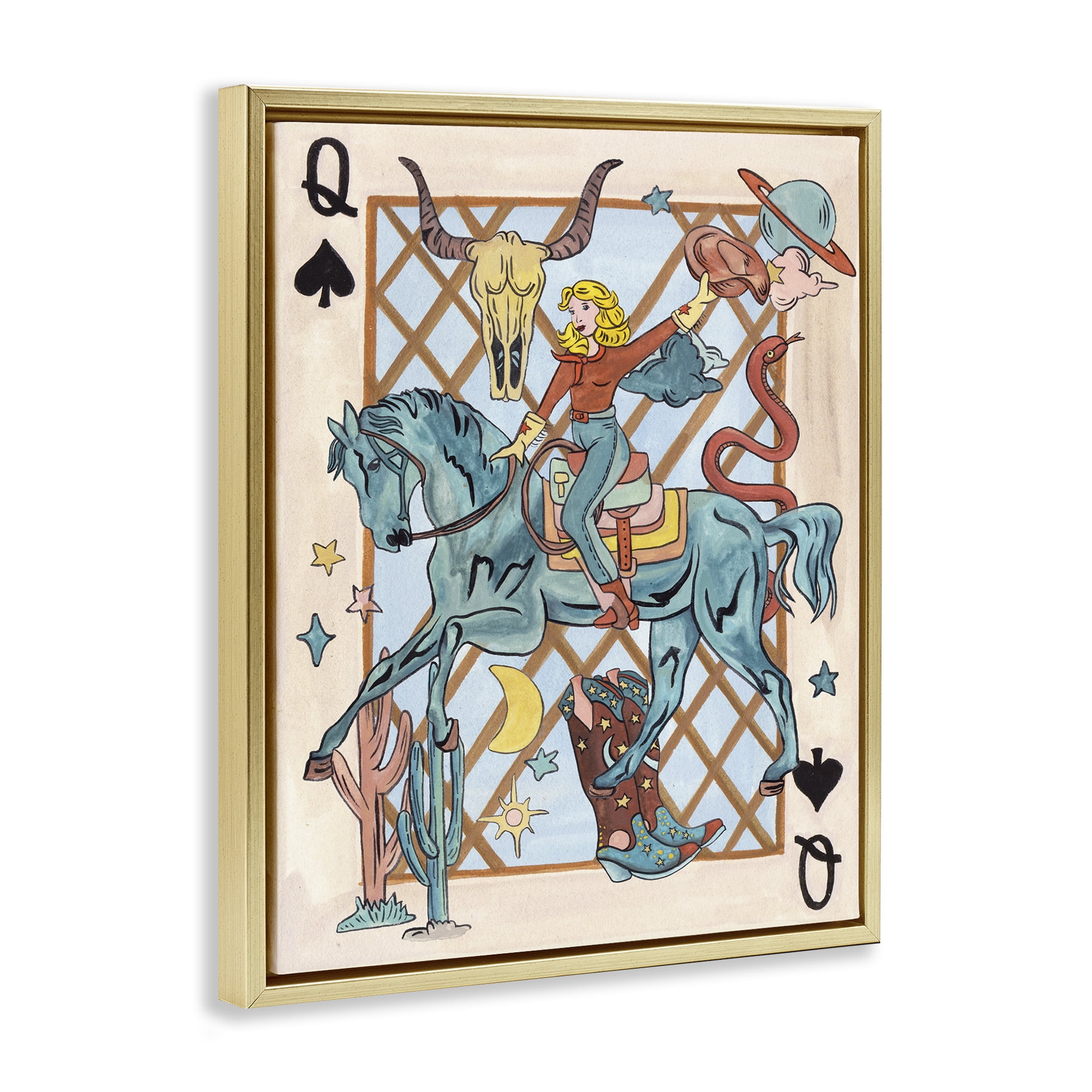 Stupell Industries Cowgirl Queen of Hearts Entertainment Painting Gold Floater Framed Canvas Art Print Wall Art, 17 x 21