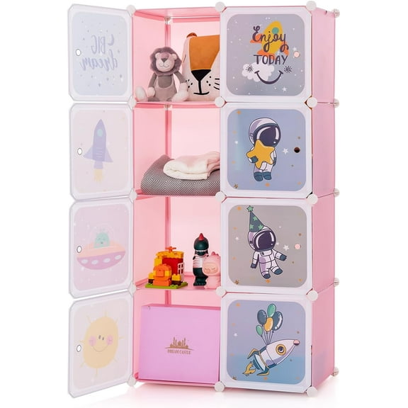 OLAKIDS  Children Wardrobe, Kid Closet Portable Baby Dresser Cute for Kids Bedroom Nursery Armoire with Doors 12 Cube 2 Hanging Sections, Kid Clothes Storage Organizer (Pink, 8 Cubes)