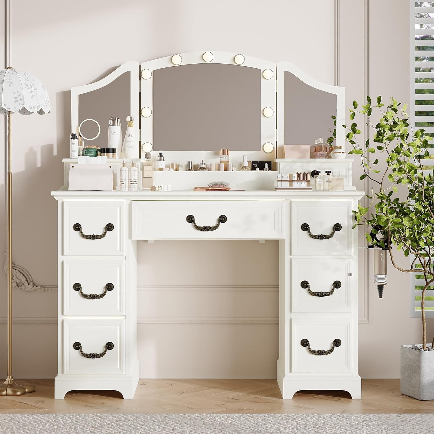 LAZZO Vanity Desk with Mirror & Lights, Makeup Vanity with Drawers, Power Outlets & Magnifying Mirror, White
