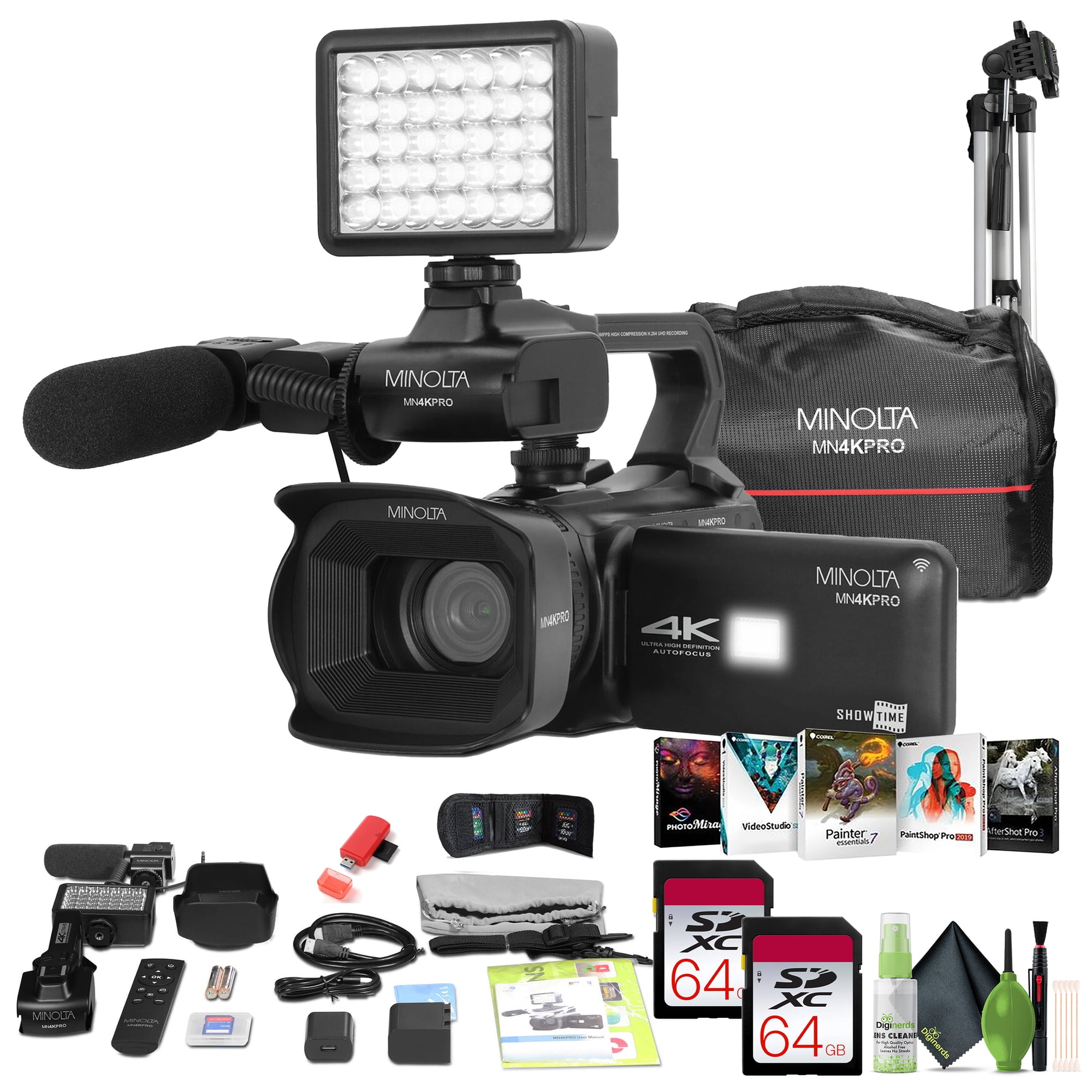 Minolta MN4KPRO 4K60FPS UHD 64 MP Autofocus Pro Camcorder Kit w/WiFi + 2x 64GB Memory Card + 72" Camera Tripod + USB Card Reader, SD/microSD + Corel Photo, Video, & Art Suite Deluxe