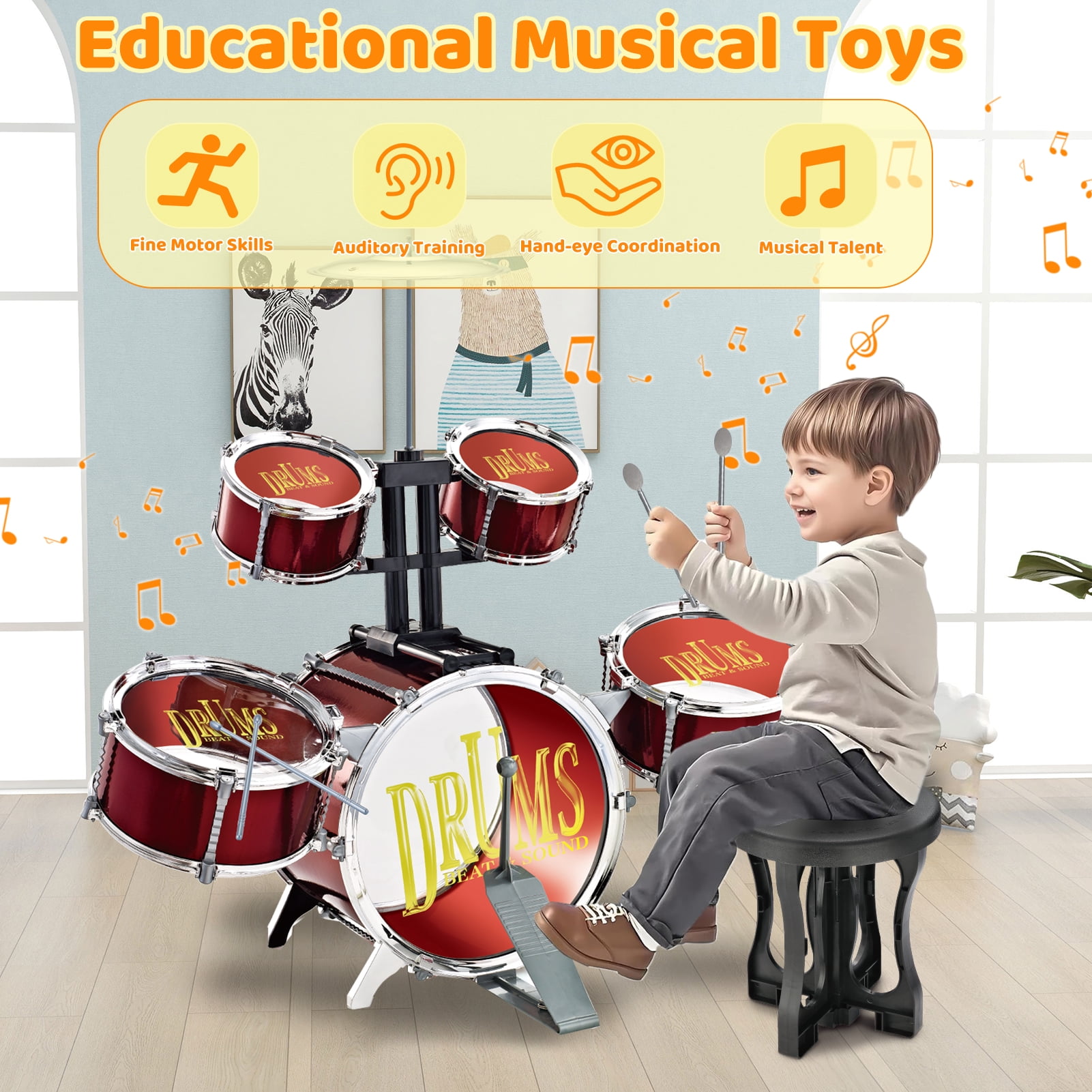 LINXUXIE Upgrade Big Size Kid Drum Set for Toddlers with 5 Jazz Drum Kit & Star Light Musical Instrument Toys,Boys Gils Gifts for Aged 1-3 3-5