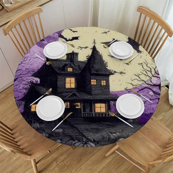 Autua Halloween Round Tablecloth House Pumpkins Bats Stain-Resistant 31"-35