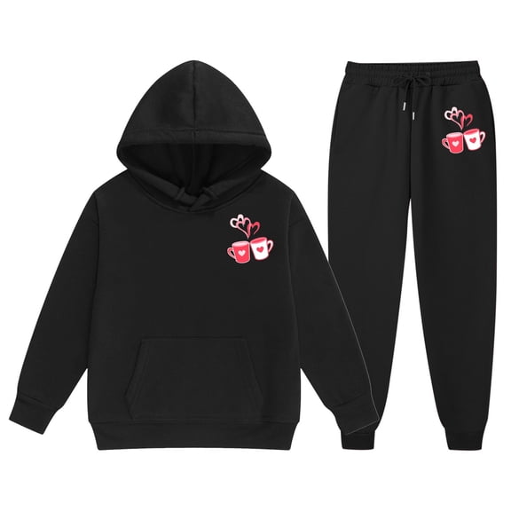 Ulitacool Outfits For Girls Valentine'S Day Print Long Sleeved Letter Print Hooded Top Sweater Pants Set Adorable Wear Black 2-3 Years