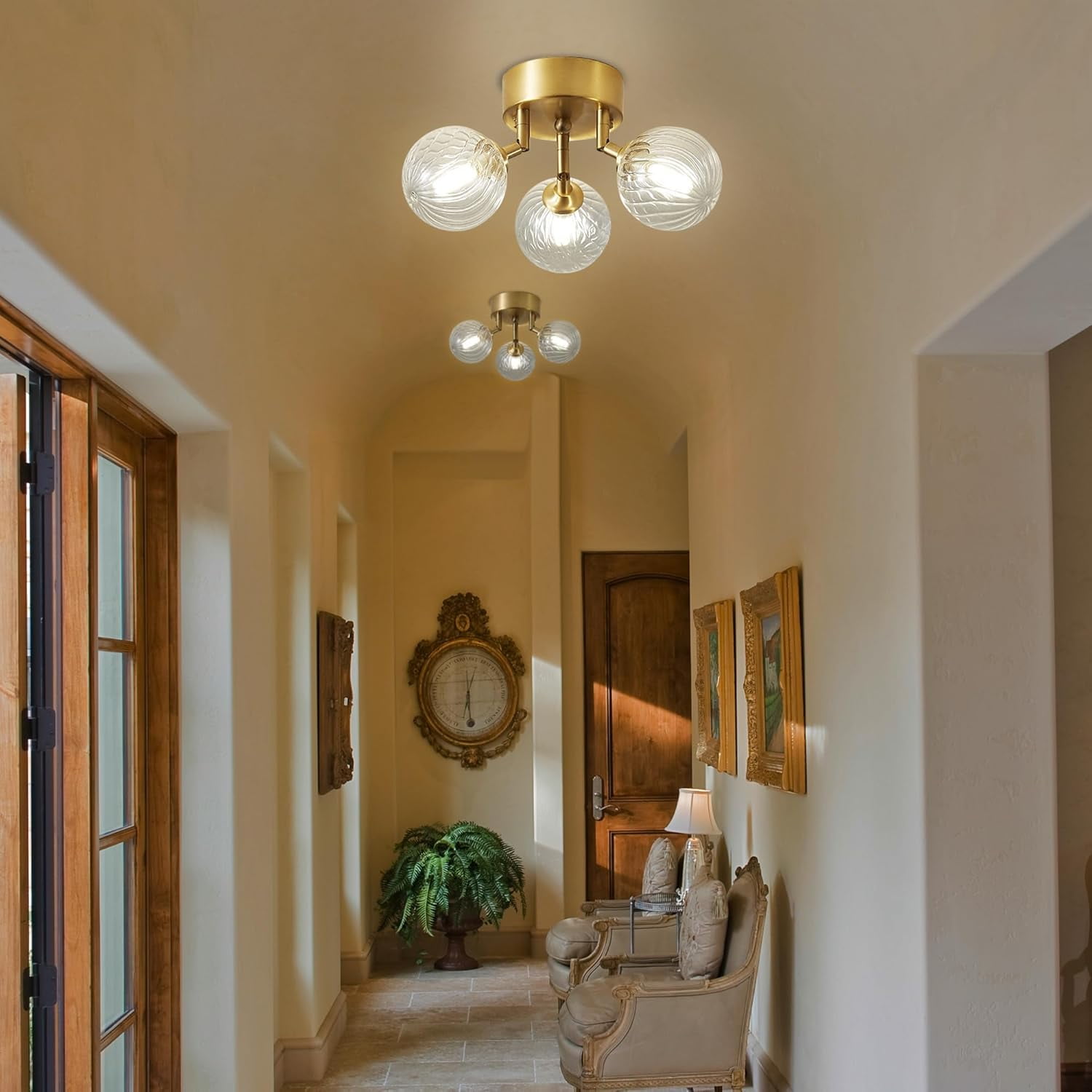 3-Light Globe Glass Close to Ceiling Light, Gold Hallway Flush Mount Light Fixture with Textured, Glass Lampshade for Bedroom Dinning Room (Bulb Incl.)