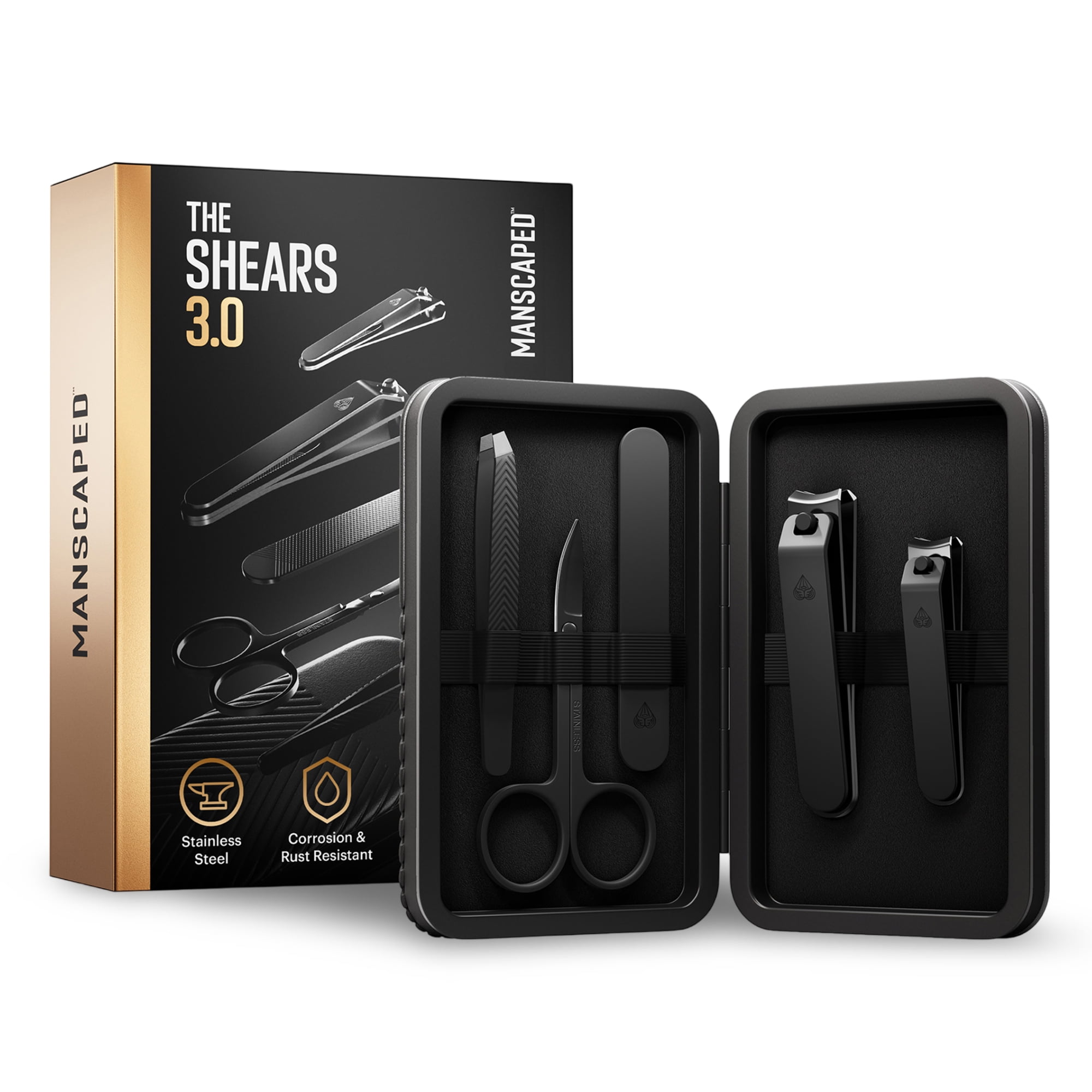 MANSCAPED® Shears 3.0, 5 Piece Men's Nail Grooming Kit with Clippers, Scissors, Tweezers, Vegan Leather Travel Case, Waterproof