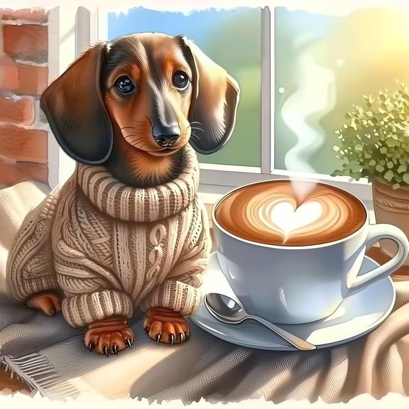 Diamond Painting for Adults Cute Dachshund Dog Coffee Scene Full Drill Diamond Art Canvas Relaxing DIY Home Wall Decor 5D DIY Art Craft, 13.78 x 13.78 Inch