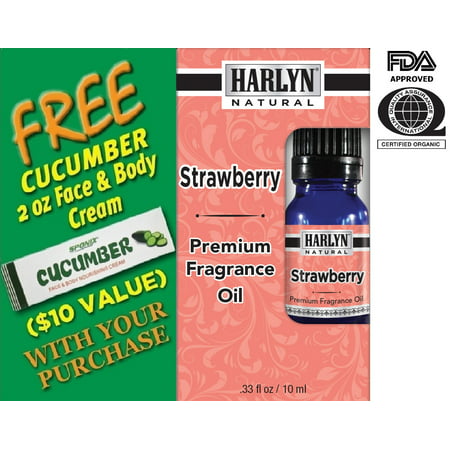 Best Strawberry Fragrance Oil 10 mL  - Top Scented Perfume Oil - Premium Grade - by Harlyn - Includes FREE Cucumber Face & Body Nourishing