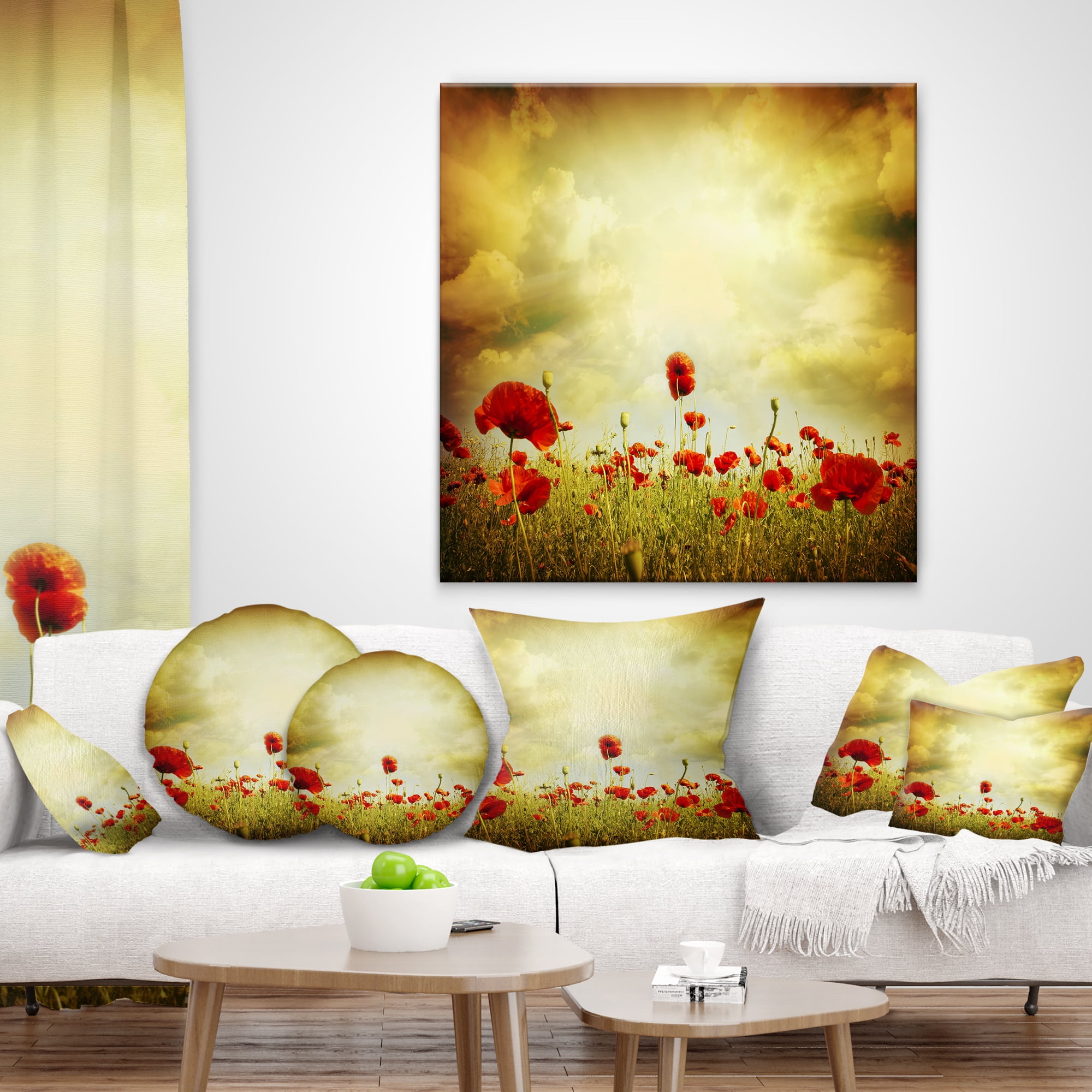 Designart Red Poppies on Grunge Background - Floral Throw Pillow - 12x20
