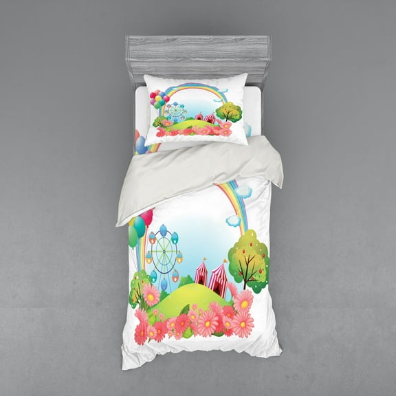 Ambesonne Colorful Bedding Set 3 Pcs, Village Hill Circus, Twin, Multicolor