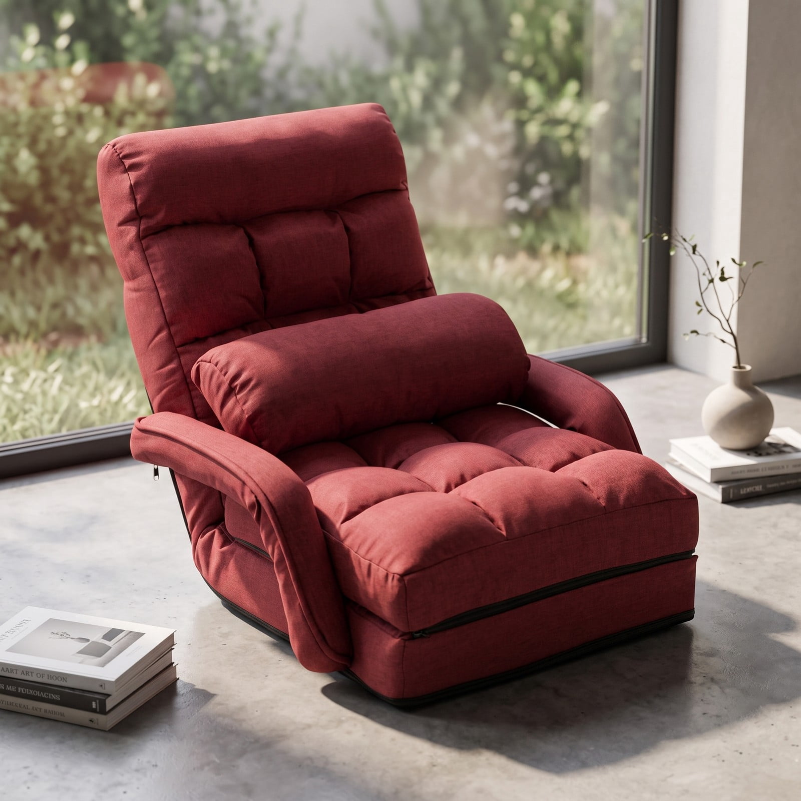 Furnibear Folding Lazy Floor Chair Sofa with Armrests and Lumbar Pillow, 6-Position Adjustable Padded Gaming Meditation Recliner for Living Room Bedroom, Red