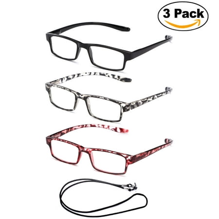 3 Pack Glossy Translucent Colored Thin Light Spring Temple Reading Glasses Wrap Around with Lanyard +1.00