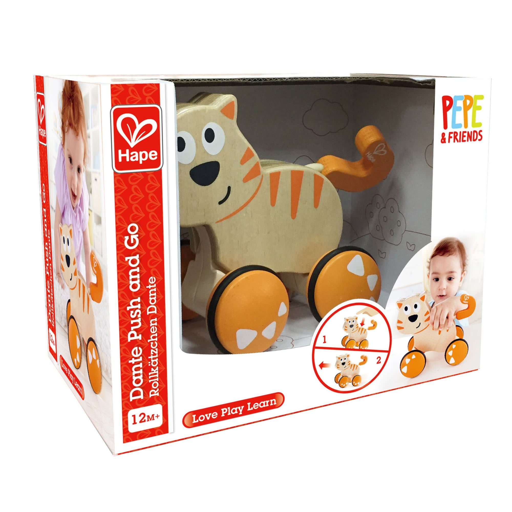 HaPe Dante Wooden Cat Push & Go Toy, Rubber Wheels, Walking Pal