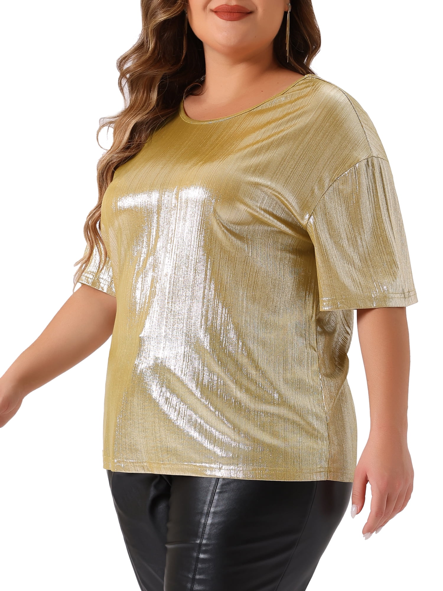 Agnes Orinda Women's Plus Size Tops Metallic Holographic Short Sleeve Concert Party Blouses 4X Champagne