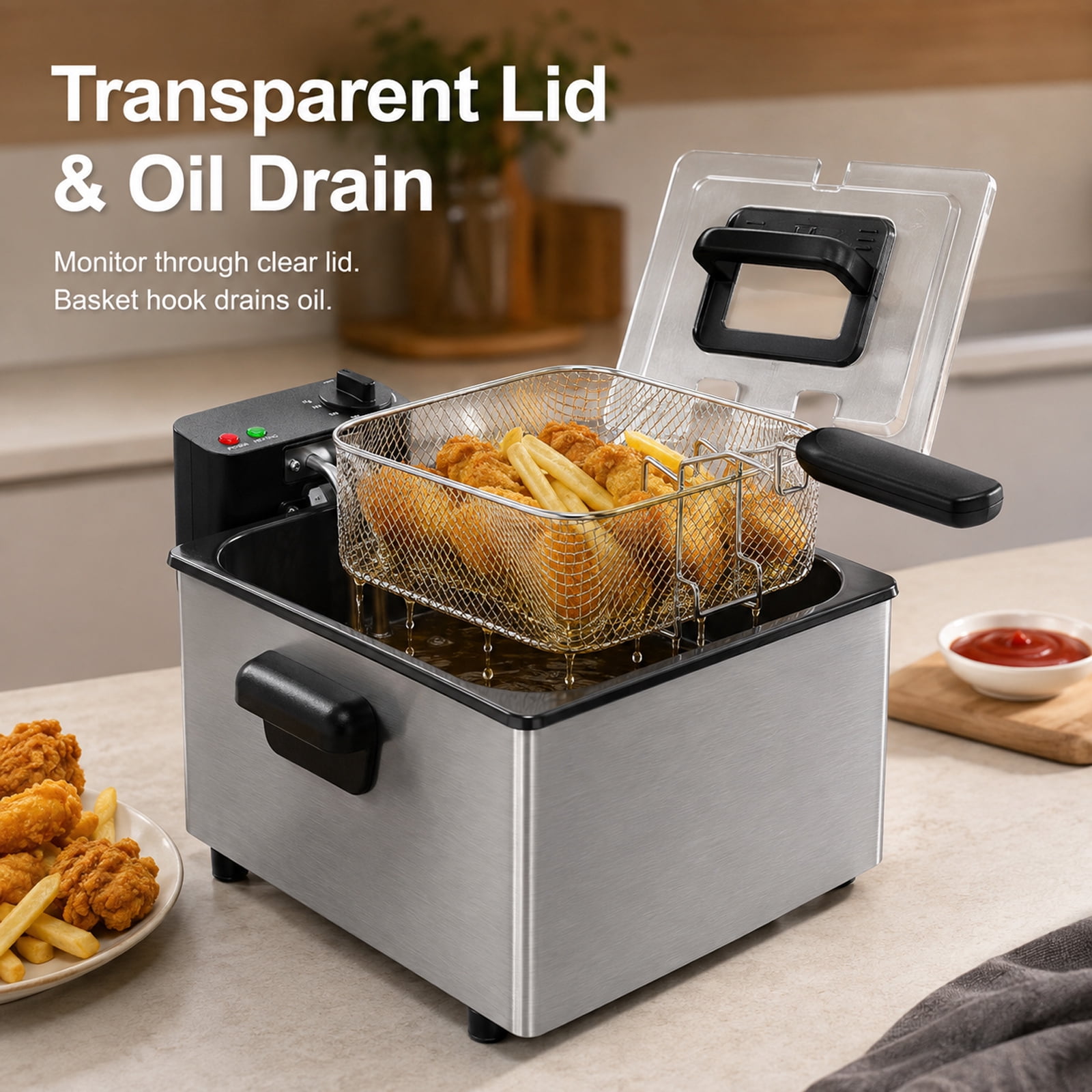 Alvantor Electric Deep Fryer with Adjustable Temperature, 1500W, Stainless Steel, 3L/5L Capacity