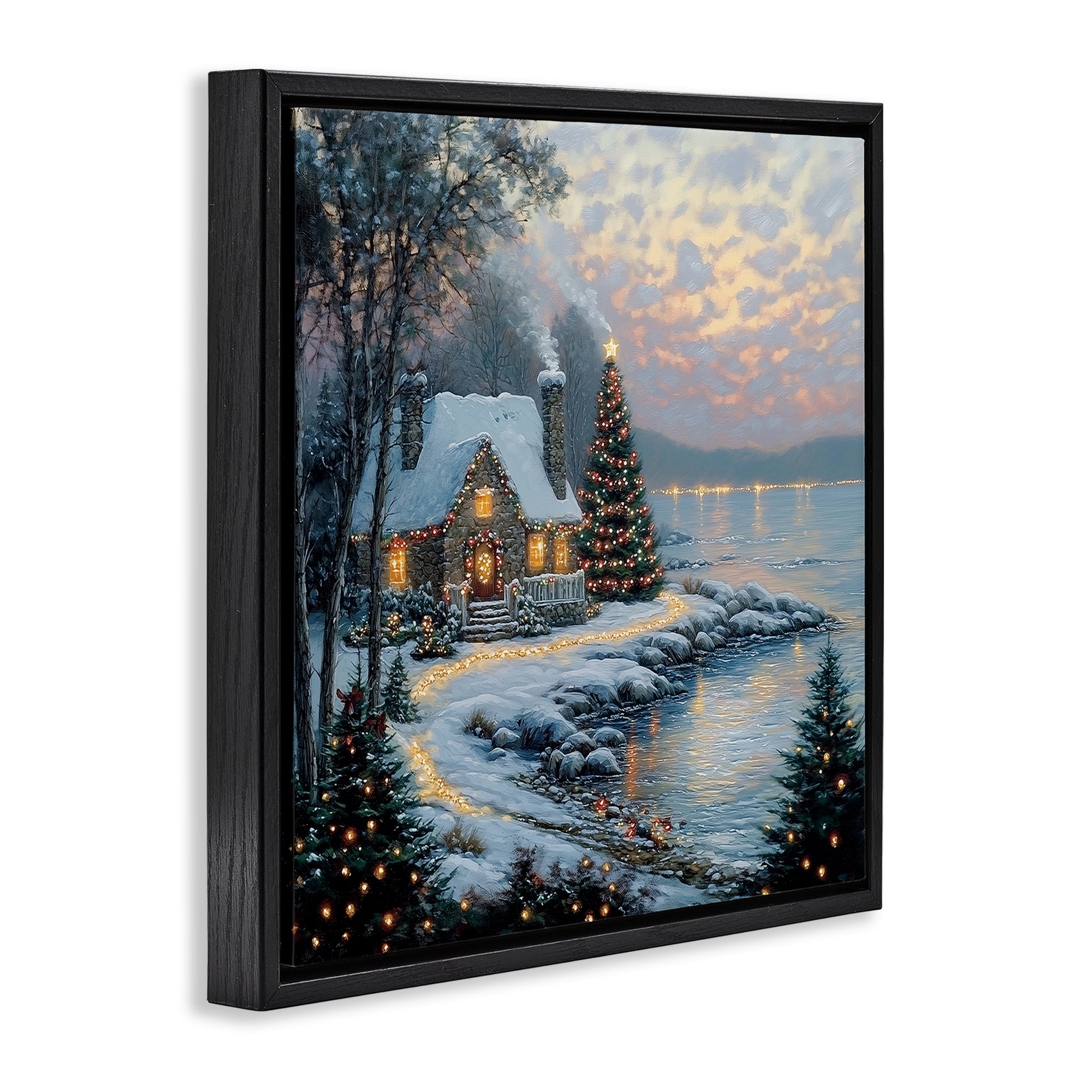 Stupell Industries Snowy Lit Cottage by Lake Black Framed Floater Canvas Wall Art, design by Heidi Kuntz