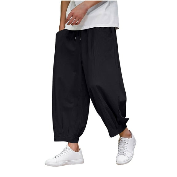 Dagegui Baggy Cropped Pants for Men Summer Elastic Waist Drawstring Harem Pant Casual Loose Fit Daily Trousers with Pocket Black XS