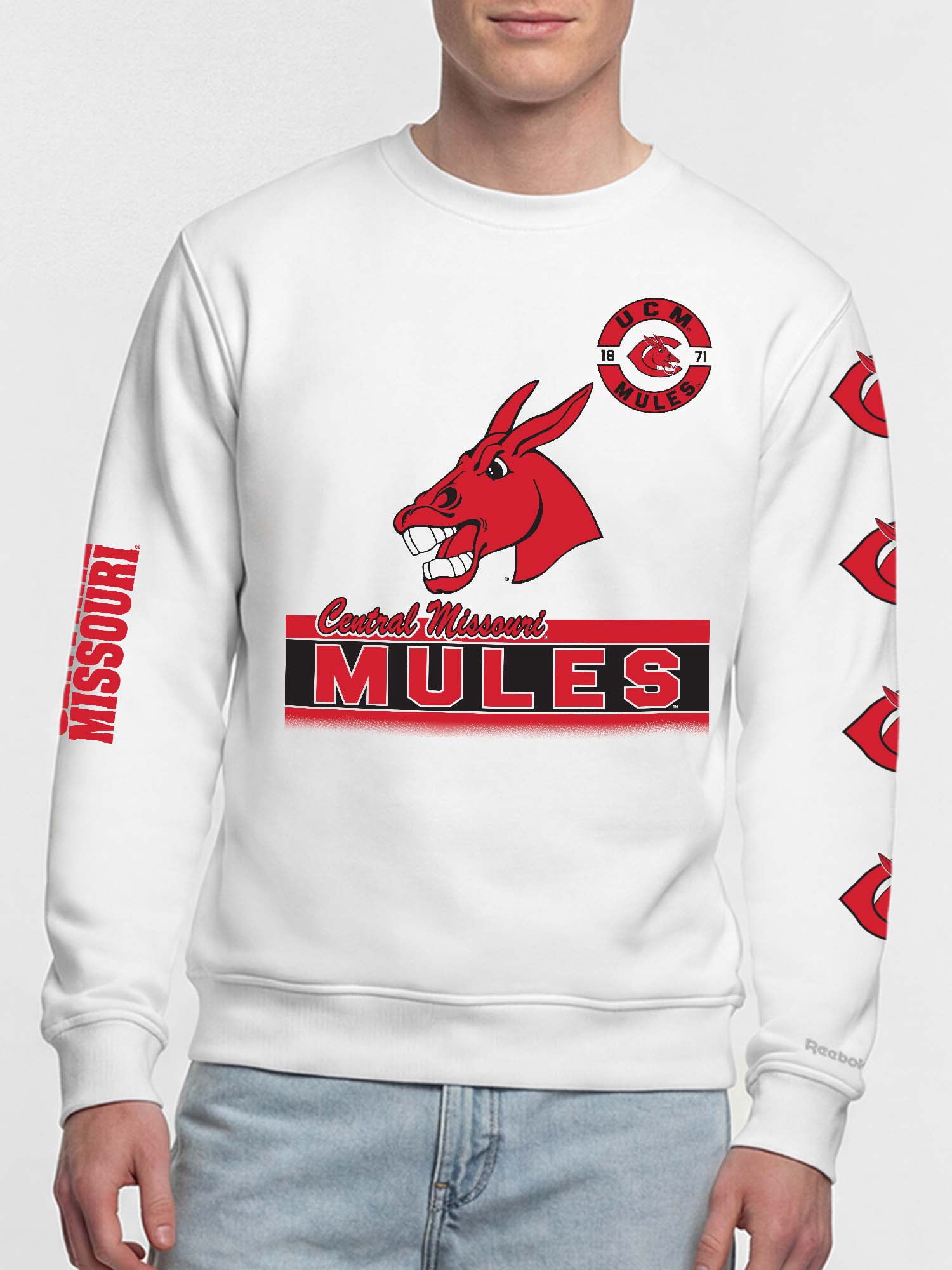 Central Missouri Mules Reebok Mens White Crew Sweatshirt