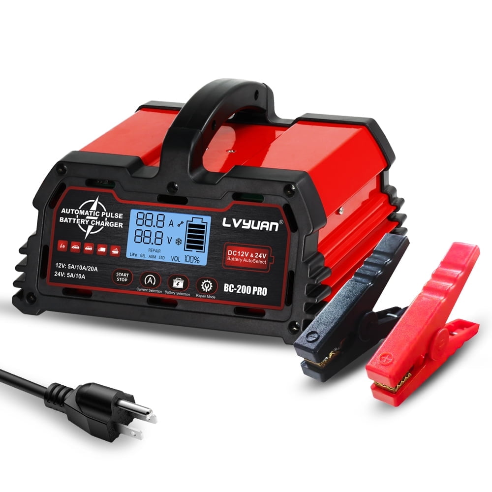 LVYUAN 20A 12V/24V Automotive Battery Charger Float & Trickle Battery Charger Maintainer Desulfator for Car, Truck, Motorcycle, lawn mower, LiFePO4 & Lead-Acid Batteries