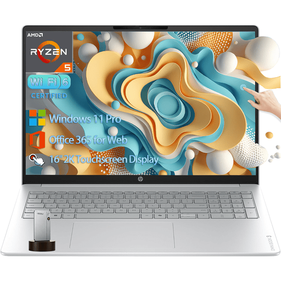 HP OmniBook 3 Flagship 16" 2K IPS Touchscreen Laptop, AMD Ryzen 5 40 Processor, 8GB RAM, 256GB PCIe SSD, WiFi 6, AI Copilot, Windows 11 Pro, Glacier Silver