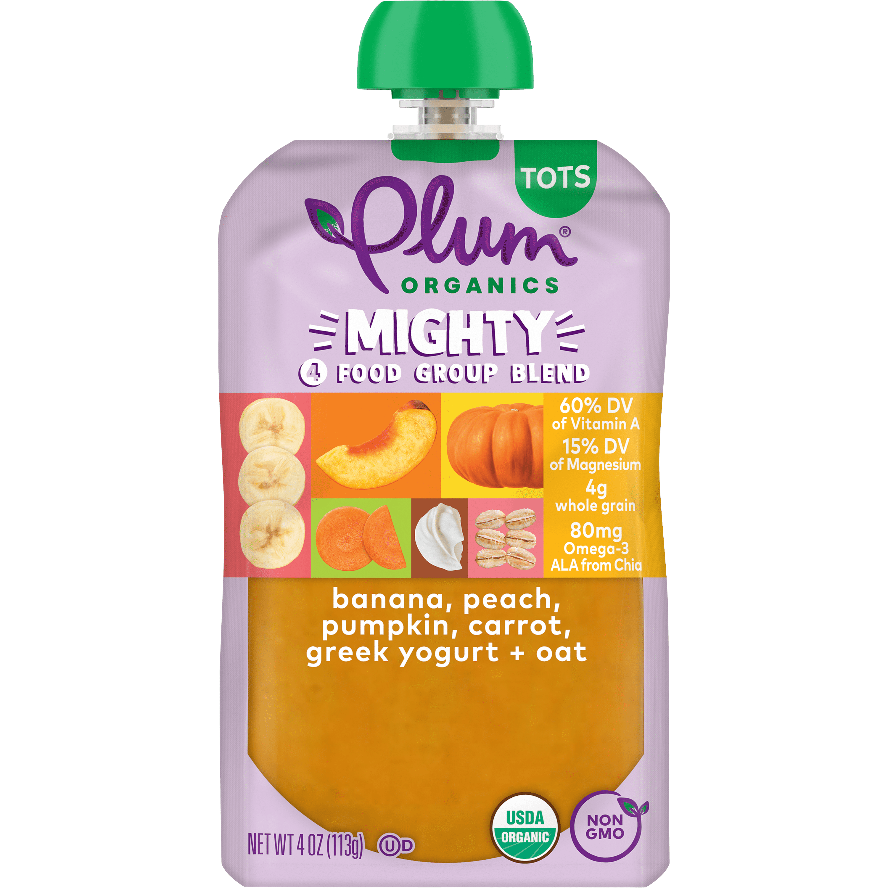 Plum Organics Mighty 4 Toddler Food, Banana, Peach, Pumpkin, Carrot, Greek Yogurt and Oat, 12 Pack