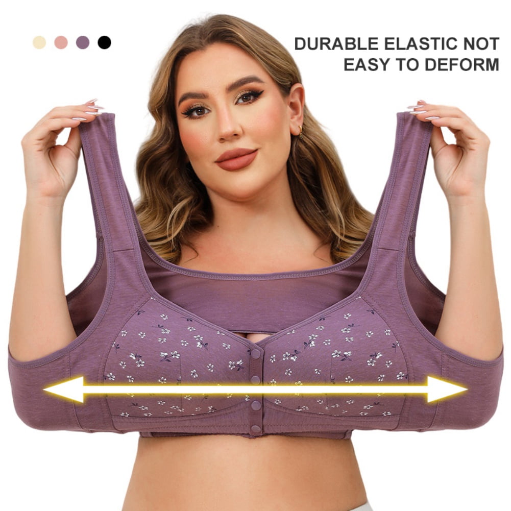 4 Pack Plus Size Front Closure Bras for Women - Wireless Supportive Full Coverage U-Back Bralettes with Wide Adjustable Strap, Breathable Soft Floral Everyday Bras for Seniors & Curvy Ladies (XL-7XL)