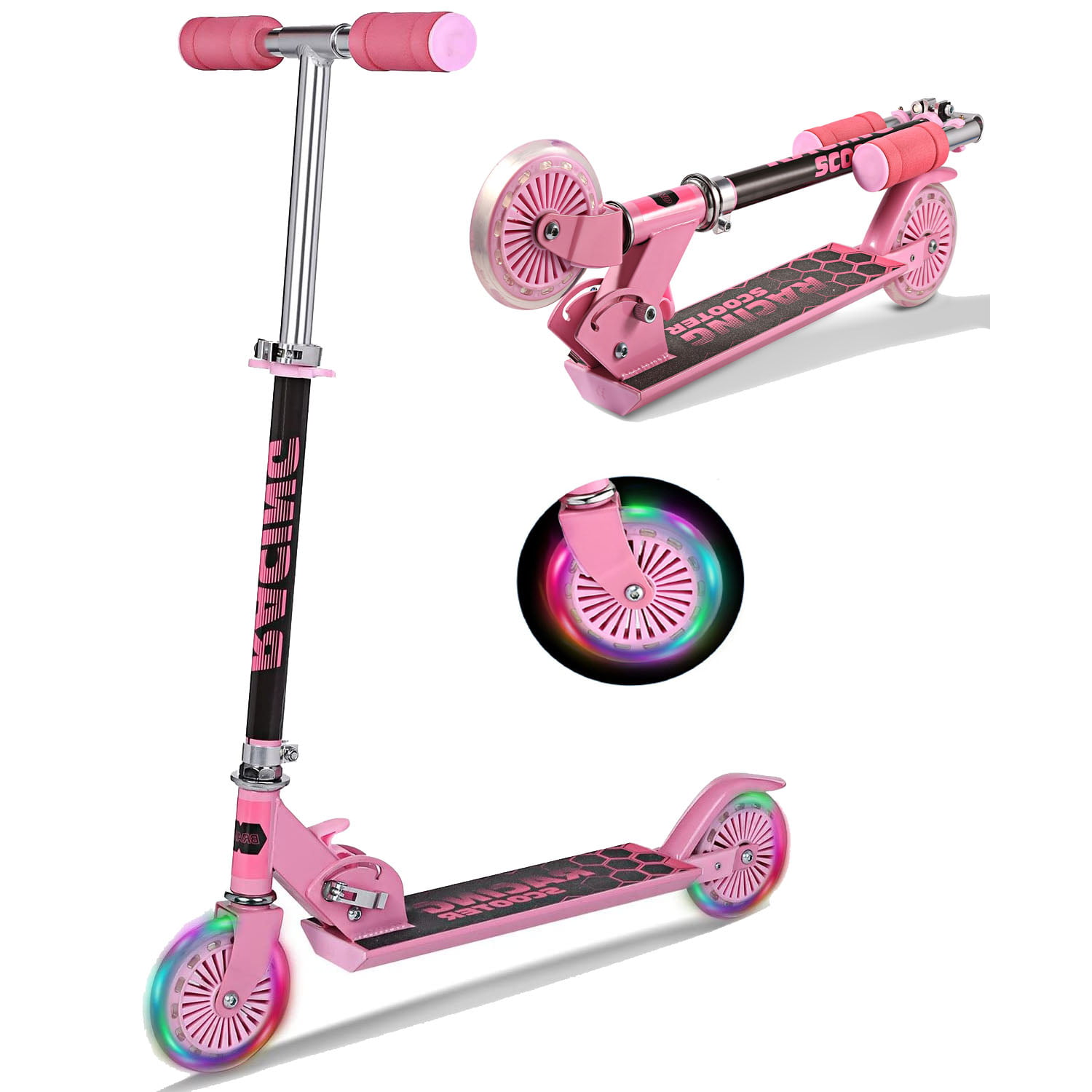 Kick Scooters for Girls Boys Toddler Ages 3-12 Years Scooter for Kids Rear Fender Adjustable Height Bearing Capacity 110lb Folding Scooters with LED Light Up 2 Wheels 
