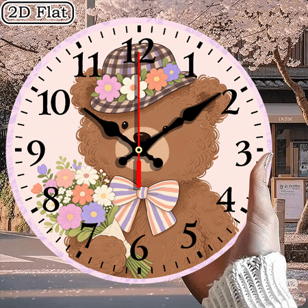 Cute Teddy Bear Wall Clock with Floral Hat and Bouquet Design, Decorative Round Wall Clock for Kids photo Cute Teddy Bear Wall Clock with Floral Hat and Bouquet Design, Decorative Round Wall Clock for Kids