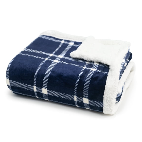 Americanflat 60x80 Oversized Tattersall Fleece Throw Blanket - Reversible Sherpa Backing - Ultra Soft Plush Comfort - Cozy Warmth For Couch Or Bed - Blue