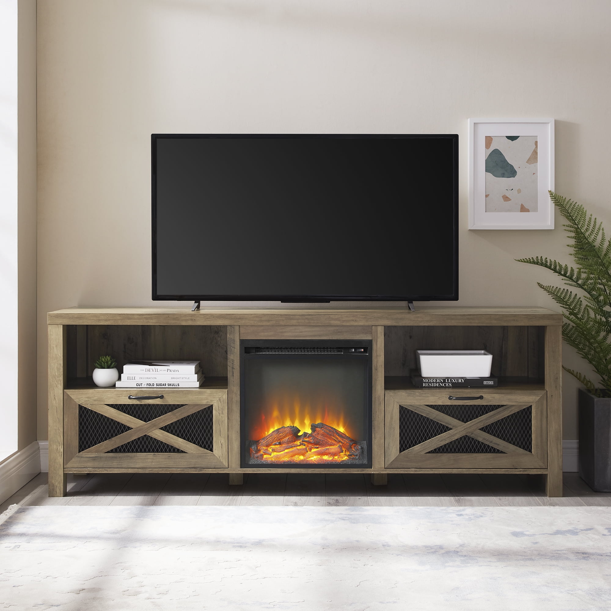 Reclaimed Barnwood Fireplace TV Stand for TVs up to 78" by Manor Park