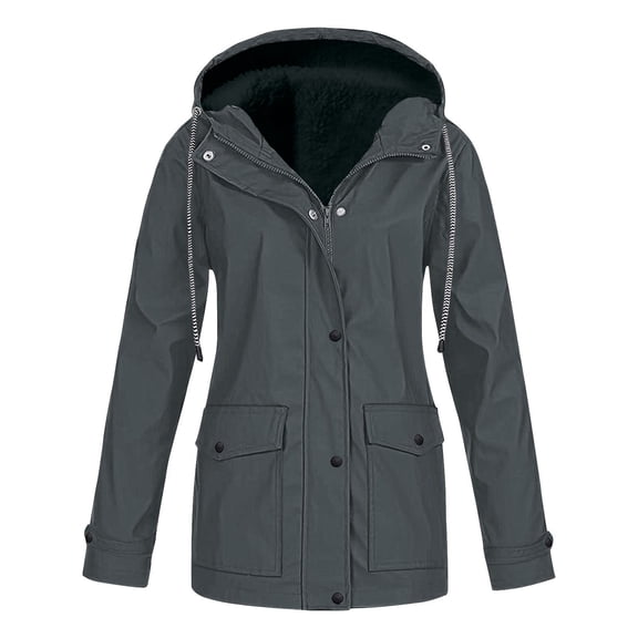 Homenesgenics Winter Women Casaul Solid Jackets Outdoor Plus Size Drawstring Zipper Hooded Raincoat Windproof Coat with Pocket Gray XXXL