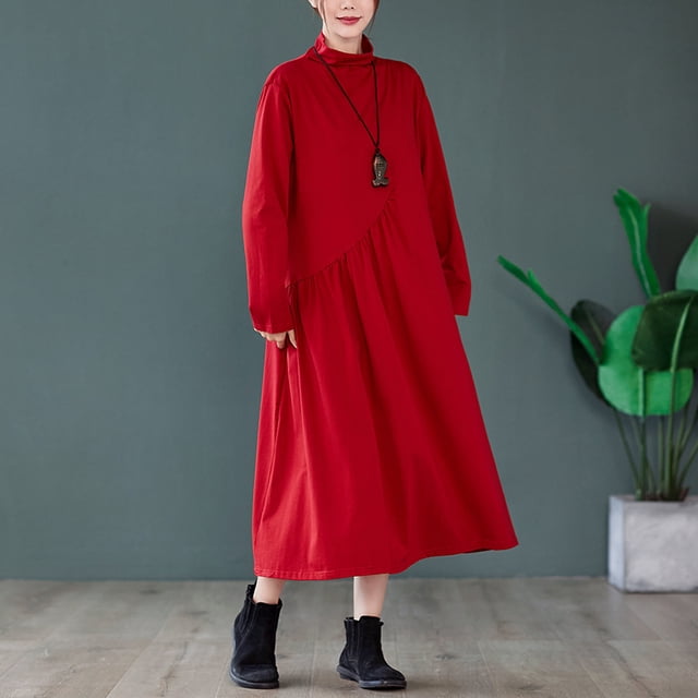 Vestido de cuello alto medio suelto de punto de talla grande artístico de otoño e invierno para mujeres gorditas